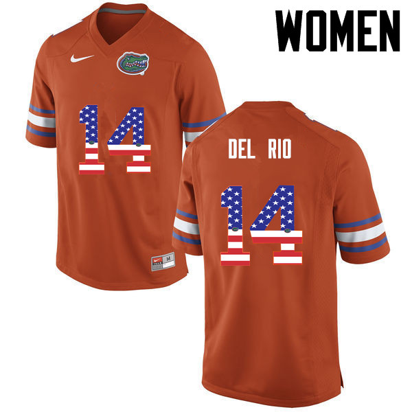 Women Florida Gators #14 Luke Del Rio College Football USA Flag Fashion Jerseys-Orange - Click Image to Close
